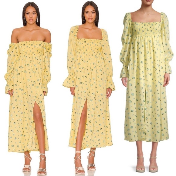 WeWoreWhat Dress Smocked Maxi Off Shoulder Watercolor Ditsy Yellow S NWT New - Picture 1 of 12